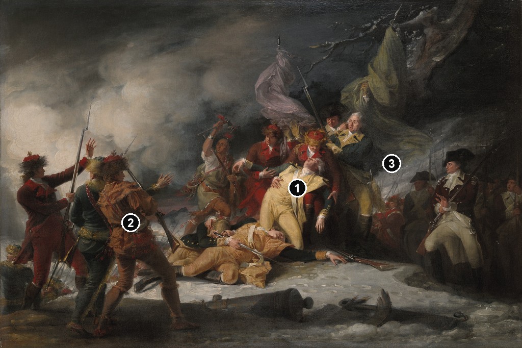 Annotated details from The Death of General Montgomery by John Trumbull